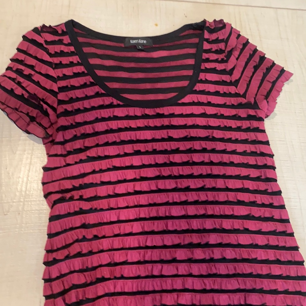 Women’s Karen Kane ruffle top. Large. Wine and black stripe. Poly blend
